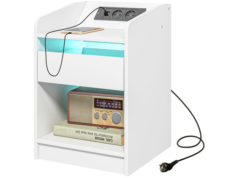  Table de chevet avec éclairage led, tiroir, étagère, station de charge, ports usb et télécommande, 40 x 40 x 58 cm, blanche  - Conforama B