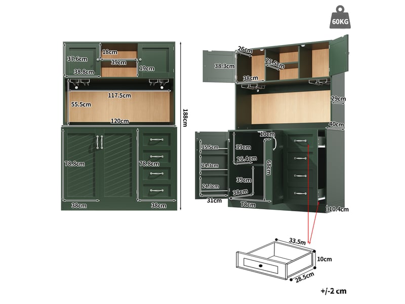  Buffet haut de cuisine 120x40x188 cm, meuble de rangement avec led, porte-boissons, étagère en-cas, 4 portes 2 tiroirs  - Conforama C