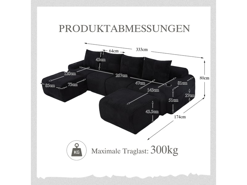  Canapé d'angle panoramique fixe 4 places tissu noir  - Conforama C