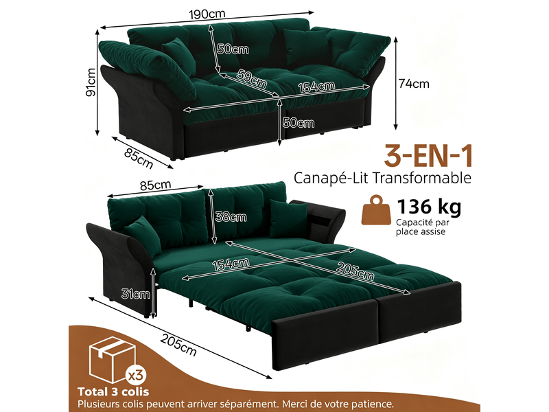  Canapé-lit 3 en 1 190 cm en velours vert avec lit gigogne et 2 coussins pour salon IKSETERA TRADING LTD - Conforama C