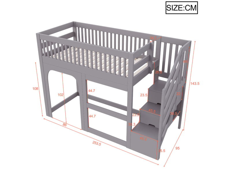  Lit mezzanine enfant tcqpz 90 x 200 cm avec escalier de rangement led gris bois  - Conforama C