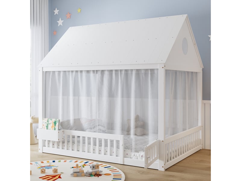 Lit individuel 140x200cm en pin et mdf blanc, fenêtre et toit, décor blanc et casier intégré  - Conforama E