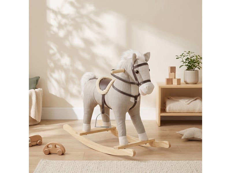  Bascule bébé - cheval à bascule effets sonores hennissement et galop selle étrier rênes gris  - Conforama B