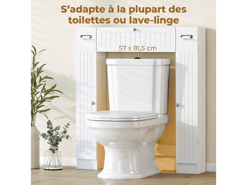  Meuble wc dessus de toilette avec 2 placards, tiroir basculant, blanc, porte-papier et étagères réglables  - Conforama W