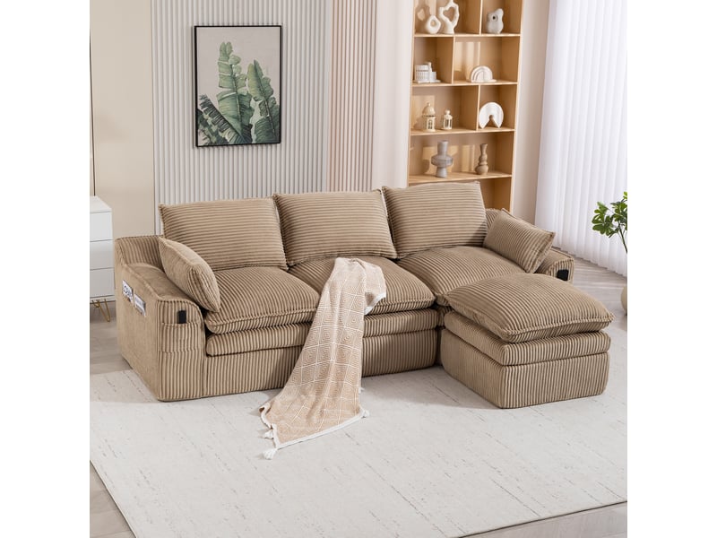 Canapé 3 places velours côtelé modulable avec pouf - kaki - mousse 3 couches et ressorts  - Conforama B