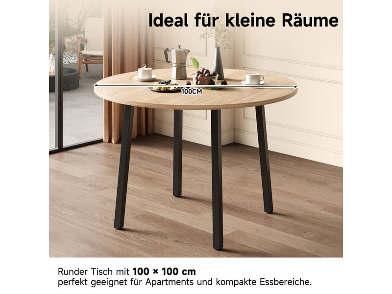 Table de salle à manger pliante, 100 x 100 cm, pour 2 à 4 personnes, ronde, pieds en métal, plateau pliable, idéale pour les petits appartements, coloris chêne - Conforama R