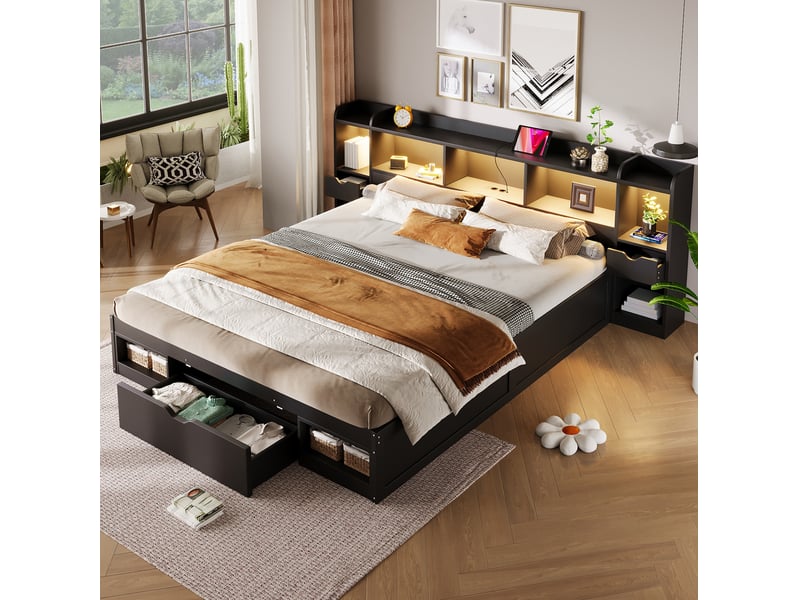  Lit adulte 180 × 200 cm 2 places avec 3 tiroirs, étagères, led réglable et usb, sans matelas, en mdf noir  - Conforama B