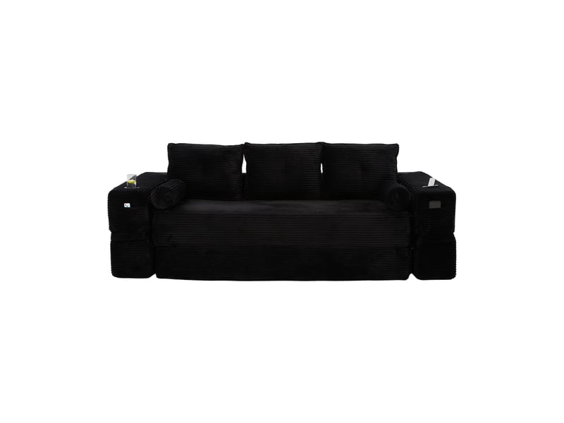  Canapé convertible 3 places en velours côtelé noir avec coffre et porte-gobelets intégrés  - Conforama A