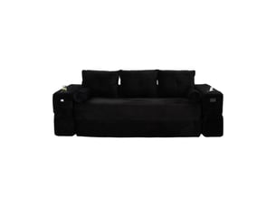 Canapé convertible 3 places en velours côtelé noir avec coffre et porte-gobelets intégrés