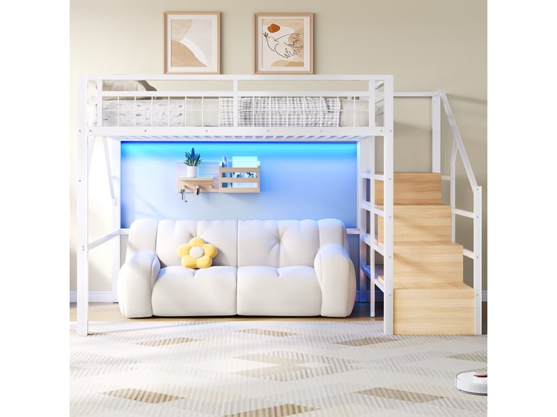 Lit mezzanine enfant 140x200 cm en métal avec led, escalier avec rangement, espace libre sous le lit, blanc OMNIGLINT TRADING LTD - Conforama D