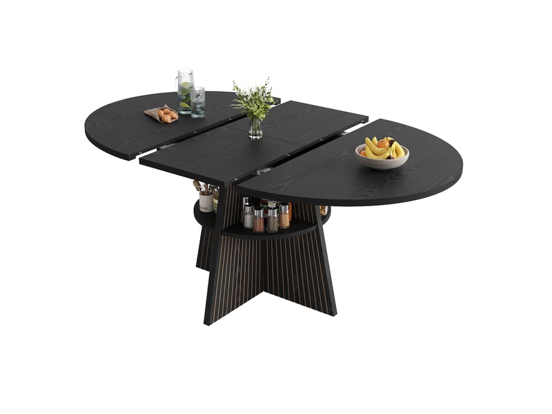  Table à manger extensible 110-150x110x76 cm, rangement ouvert, coins arrondis sur plateau épais, panneau aggloméré noir, destination salon  - Conforama A