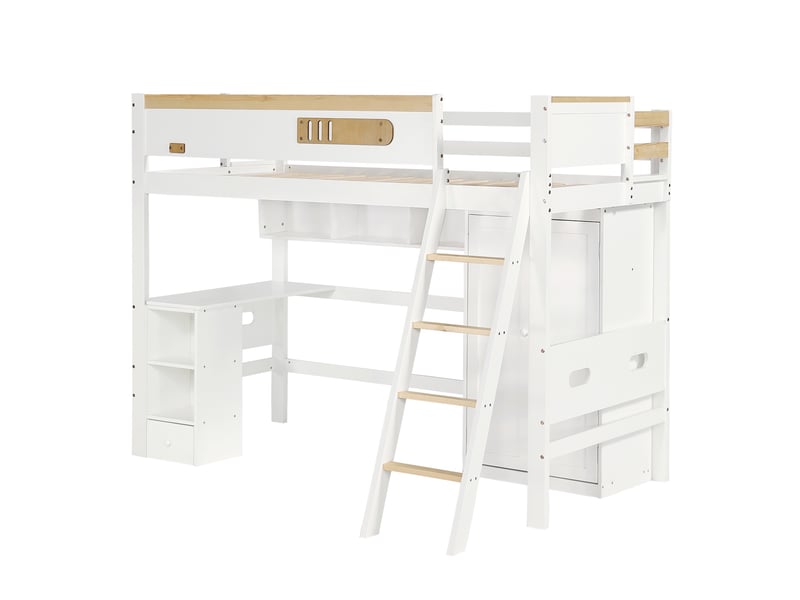  Lit mezzanine enfant 90x200 cm, avec bureau, armoire penderie intégrée, escalier à 4 marches et étagères ouvertes, en bois de pin massif et mdf, blanc  - Conforama D