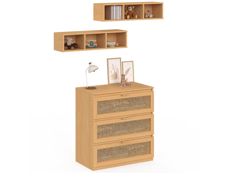  Commode à langer évolutive edhen bois et cannage 3 tiroirs, table à langer et 2 étagères amovibles  - Conforama D