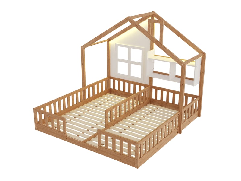  Lit cabane enfant 2 x 90x200 cm – bois naturel – led multicolores, étagères et sommiers – sans matelas  - Conforama A