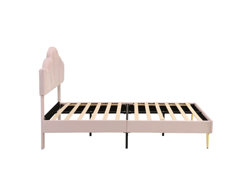  Velours, lit rembourré, 140*190 cm, lit double, lit en forme de coquille avec pieds en fer doré, tête de lit réglable en hauteur, sommier à lattes en bois, rose  - Conforama E