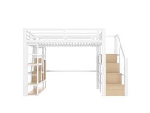 Lit mezzanine 140x200 cm avec bande lumineuse led et étagère, lit enfant avec barrières de sécurité, blanc, cadre de lit en fer