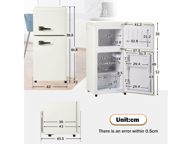 Réfrigérateur rétro 88,8x45,5x48,5 cm double porte 60 l métal blanc crème - Conforama E