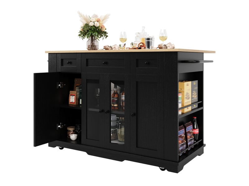  Table de bar pivotante à 360 degrés, îlot central extensible avec porte en verre trempé bombé, meuble bar noir moderne en mdf  - Conforama A