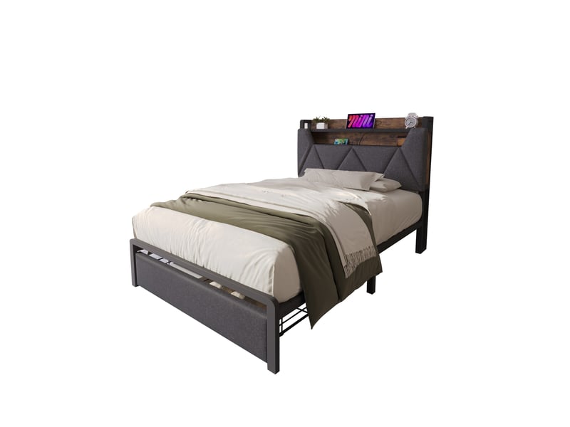  Lit simple 90 x 200cm, lit rembourré avec fonction de recharge usb type c, tête de lit rangeable et éclairage led et tiroirs, gris  - Conforama B
