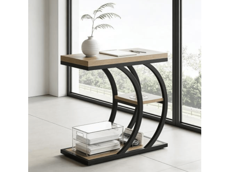  Table d'appoint 60x30x60 cm en forme de c métal et panneau de particules noir et marron  - Conforama C