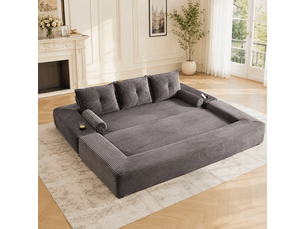 Canapé convertible 3 places en velours côtelé gris foncé avec porte-gobelet et coussins à mémoire de forme