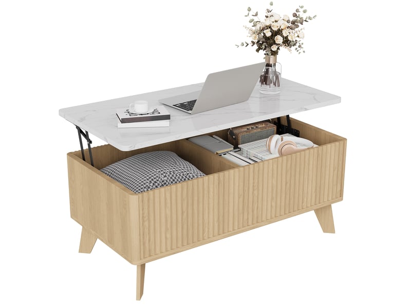  Table basse relevable salon avec rangement caché- plateau imitation marbre - panneaux cannelés verticaux  - compartiment de stockage - table basse multifonction - style scandinave mid-century - bois naturel  - Conforama A