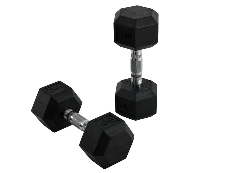 Ensemble de 2 haltères de 10 kg avec barre de connexion en métal, tête hexagonale pour l'entraînement à domicile, noir et argent - Conforama B