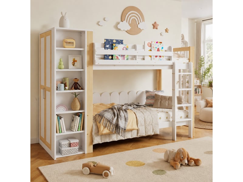  Lit superposé enfant 90x200 cm avec armoire latérale et 6 étagères, blanc et naturel  - Conforama D