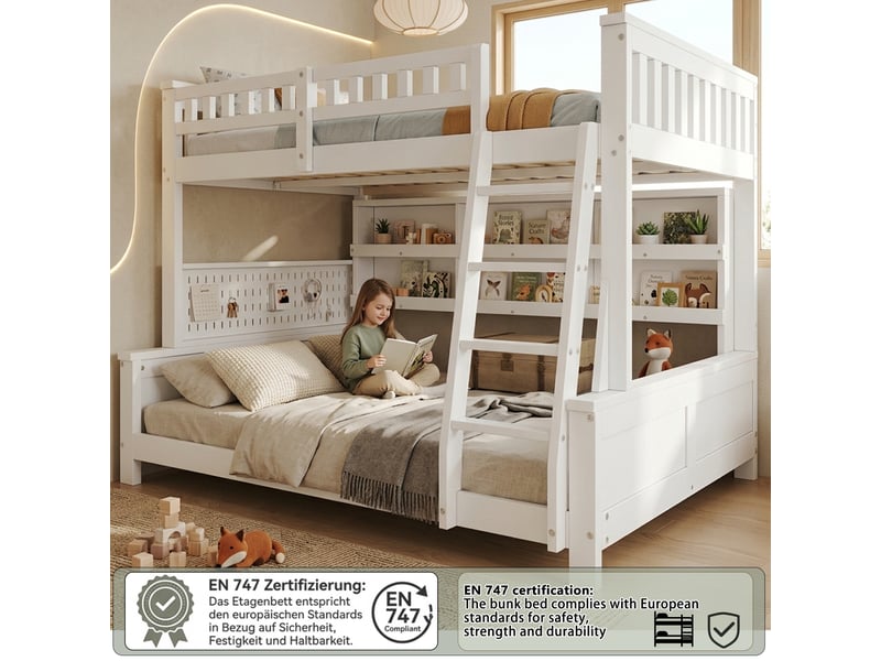 Lit superposé enfant 120 × 200 et 140 × 200 cm, séparable en 2 lits, avec échelle, doubles étagères et panneau perforé, blanc - Conforama D