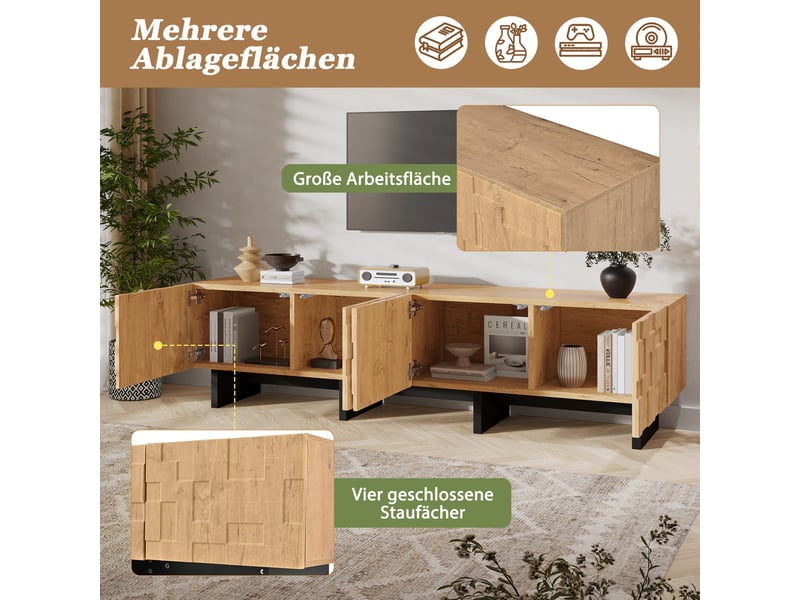  Meuble tv avec 4 portes sans poignées à fermeture amortie et 4 compartiments, pour salon, en mdf, 180×38,5×45 cm, naturel  - Conforama E