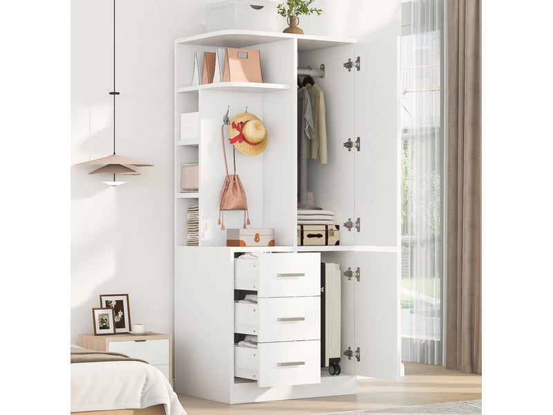  Armoire avec porte, tiroirs, étagères ouvertes, penderie et crochets pour chambre, en bois blanc, 70 × 50 × 170 cm  - Conforama B