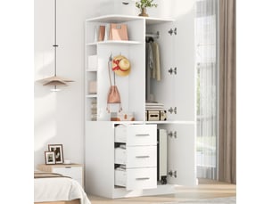 Armoire avec porte, tiroirs, étagères ouvertes, penderie et crochets pour chambre, en bois blanc, 70 × 50 × 170 cm