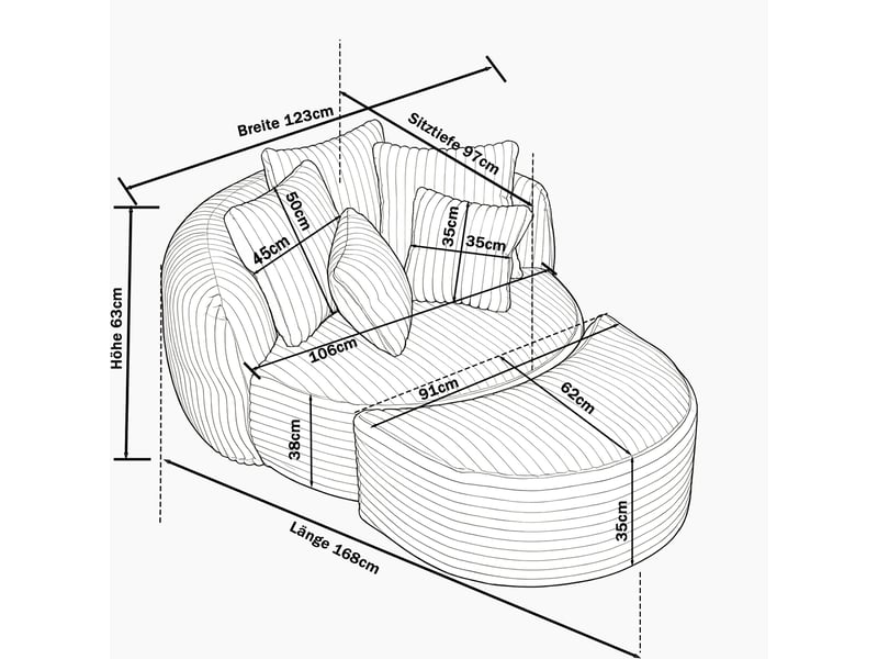  Fauteuil rond avec pouf - 168x123x63 cm - canapé lit lounge velours côtelé avec 5 coussins sans structure rigide - vert  - Conforama E