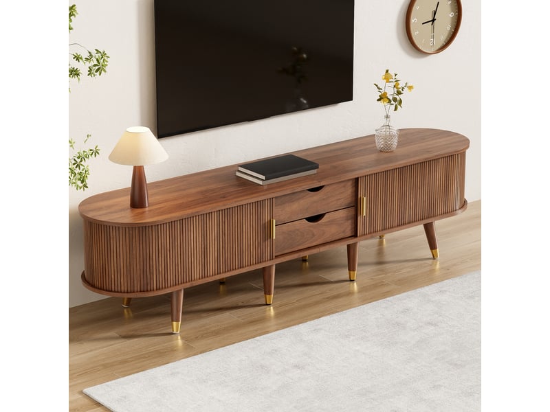  Meuble TV 175x38x45 cm avec porte coulissante en cannage, tiroirs, niches ouvertes et rangements, structure MDF Fay Lum - Conforama E