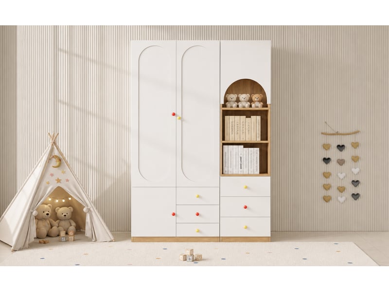  Armoire et bibliothèque avec 2 portes, penderie, tiroirs, pour chambre d'enfant, en mdf blanc et bois naturel  - Conforama E
