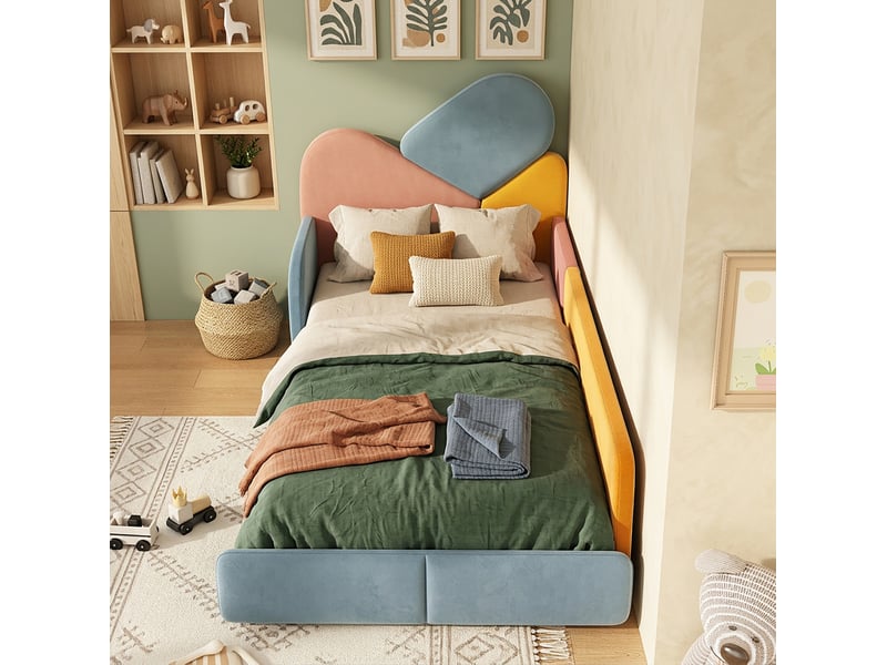  Lit enfant rembourré 90 x 200 cm multicolore avec sommier et côtés surélevés  - Conforama E