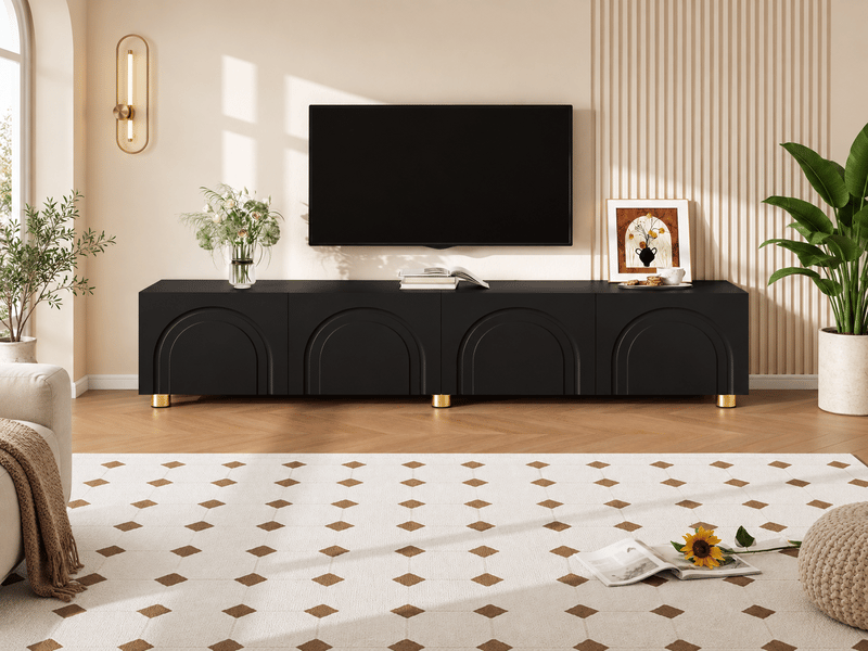  Meuble tv bas 180 cm, finition noir, avec façades en relief  - Conforama B