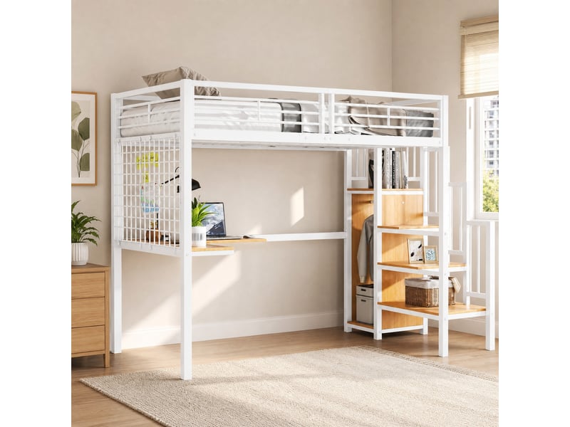  Lit combiné enfant 90x200 cm avec bureau et armoire, blanc et naturel  - Conforama D