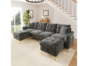 Canapé d'angle modulable convertible 4 places en tissu gris en u avec 2 poufs de rangement pour votre salon