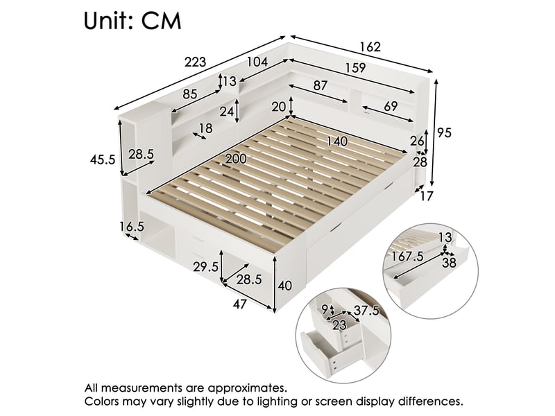 Lit double 140x200 cm avec matelas, led, rangements, usb et usb-c, blanc - Conforama C