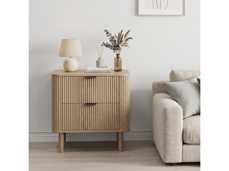  Table de chevet - 57 x 40 x 57 cm - effet chêne naturel - table de nuit design rainuré avec 2 tiroirs et pieds en bois  - Conforama D