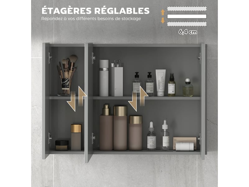 Armoire murale de salle de bain avec dim. 90l x 15l x 60h cm 3 portes miroir et étagères réglables en mdf gris - Conforama R
