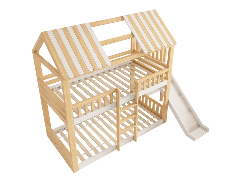 Lit superposé cabane 90x200 cm blanc et bois avec toit, toboggan et étagère Fay Lum - Conforama W