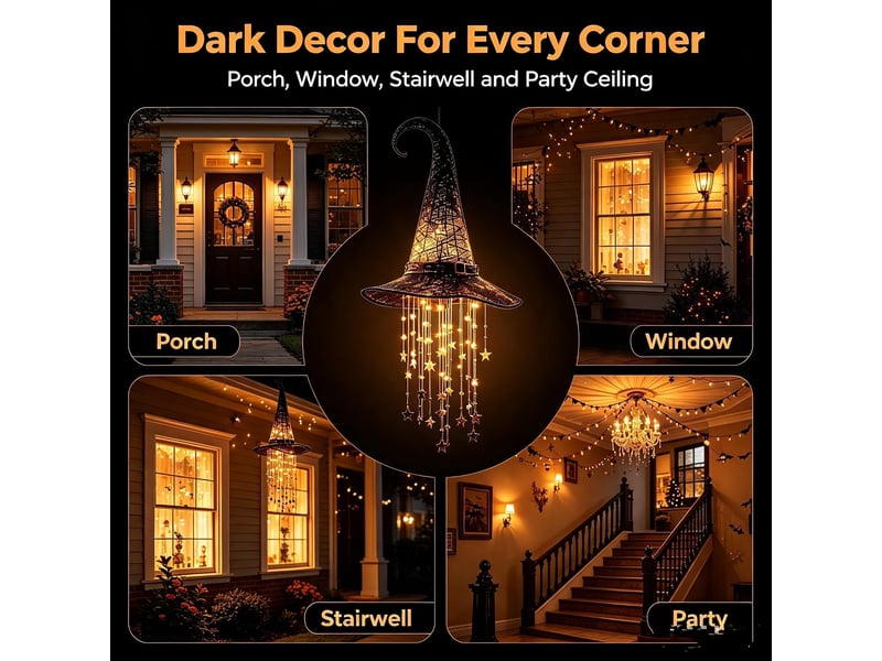  Lot de 1 décoration halloween suspendue, chapeau de sorcière lumineux led pour porche, entrée, jardin et terrasse  - Conforama E