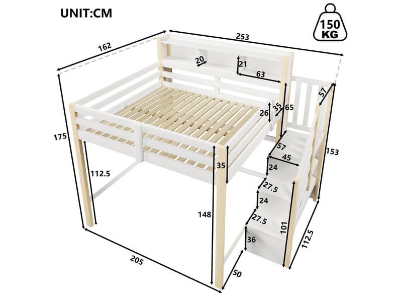  Lit mezzanine blanc et naturel 140x200 cm, led, espace inférieur et escalier-rangement  - Conforama C