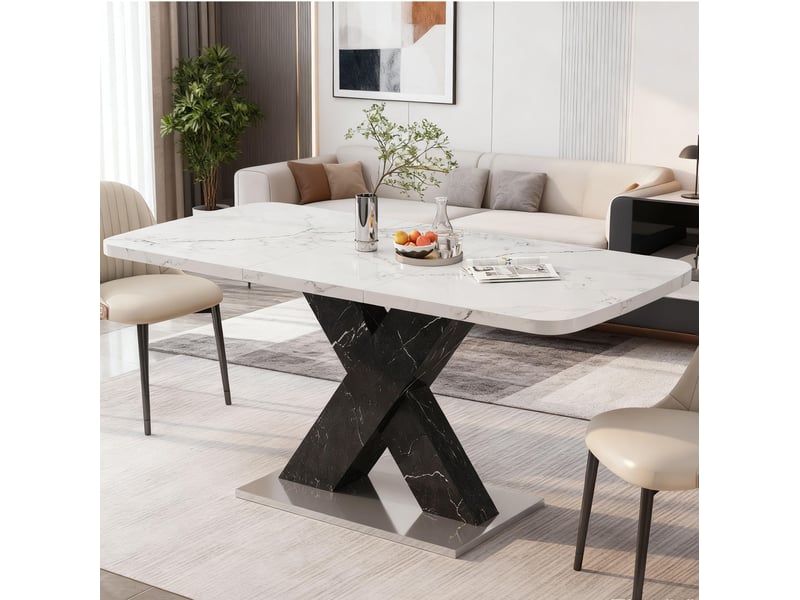  Table de salle à manger extensible avec plateau effet marbre et pied en x, pour salle à manger, 160 × 80 × 76,5 cm  - Conforama B