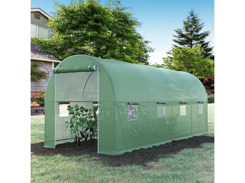  Serre tunnel de jardin 5 x 2 x 2 m avec 8 fenêtres et porte sectionnelle, verte  - Conforama D