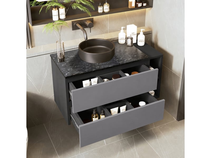  Meuble sous vasque suspendu 80 cm noir et gris avec vasque ronde noire en céramique et 2 tiroirs  - Conforama B
