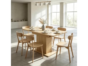 Table de salle à manger extensible 4 à 6 personnes avec 6 étagères ouvertes et rangement central en mdf naturel