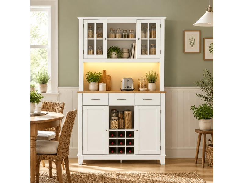Buffet haut 100x39,5x180 cm avec éclairage led rgb, blanc et coloris chêne - Conforama C